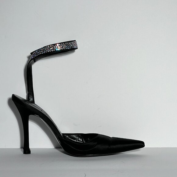 Sergio Rossi Swarovski Crystal Ankle Wrap High Heel Black Satin Shoe Sz 38 - Picture 7 of 15